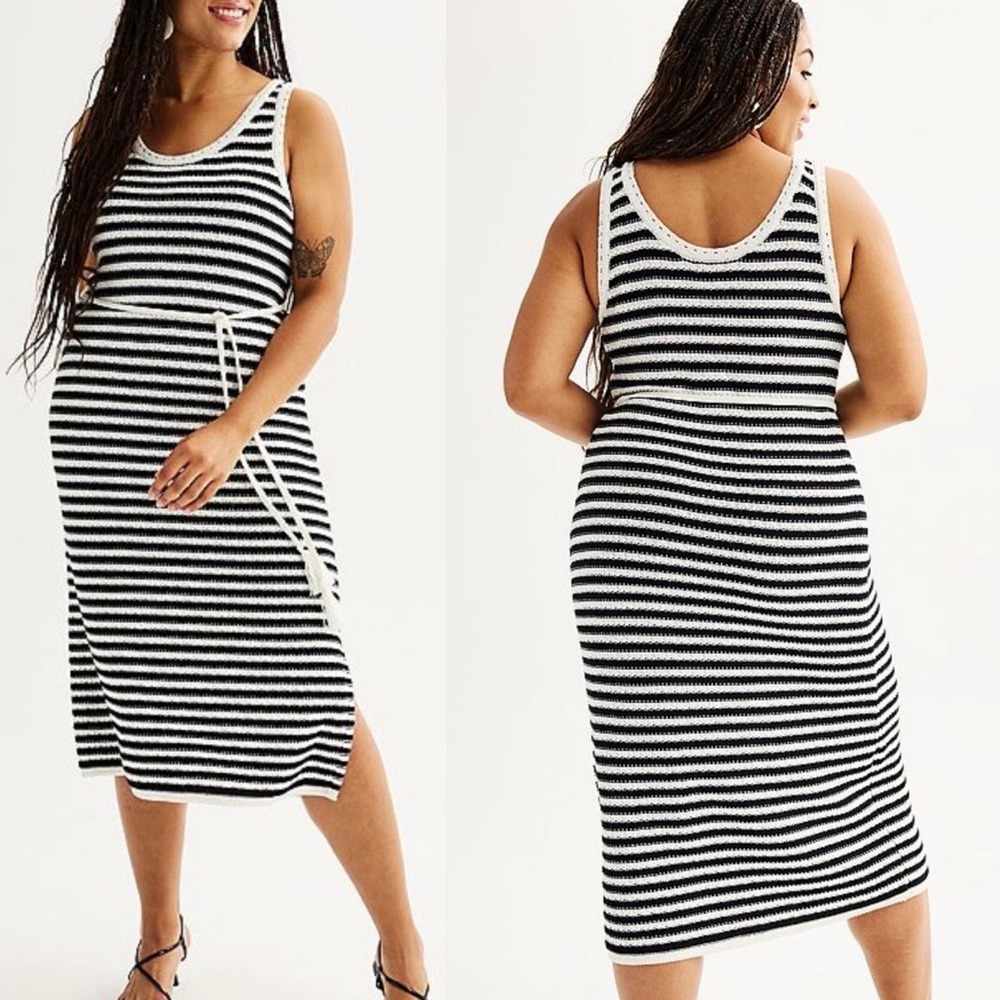 Nine West Coastal Striped Midi Knit Dress 3X Cotton Tie Waist Nautical Resort